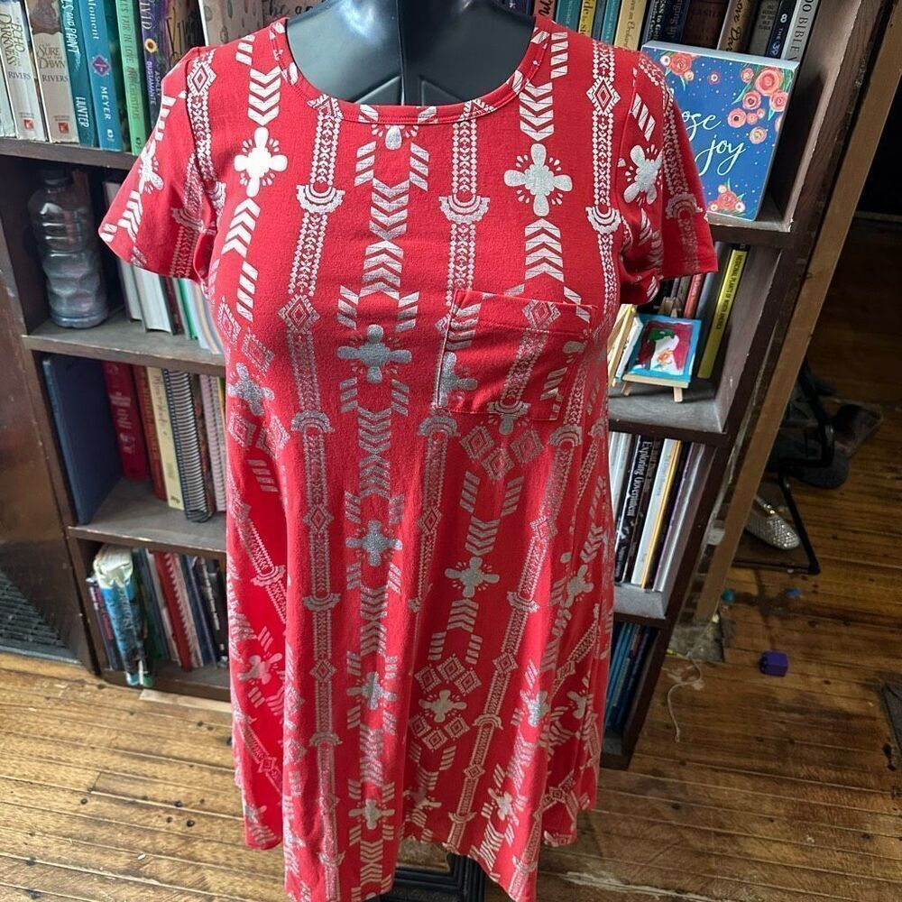 Lularoe Carly red shimmery silver elegant high low XS dress